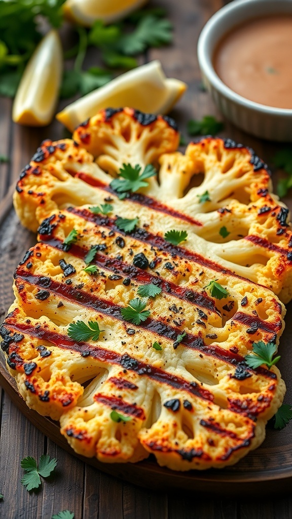 Grilled cauliflower steak garnished with parsley on a wooden table with lemon wedges.